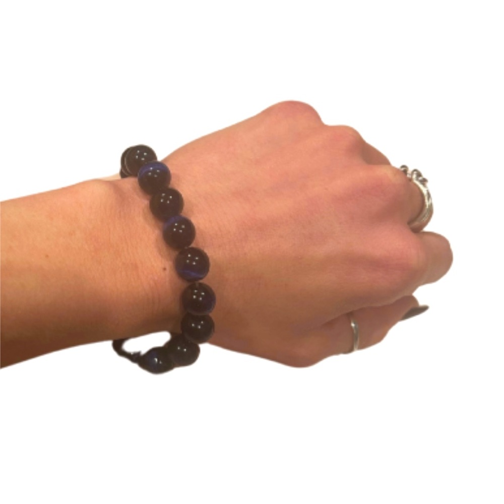 Boho Dark Blue Tiger Eye Beaded Stretch Bracelet | Unisex | Healing Crystal